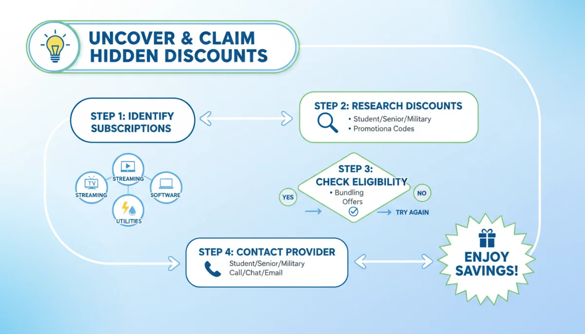 Infographic detailing steps to find and claim hidden discounts on services
