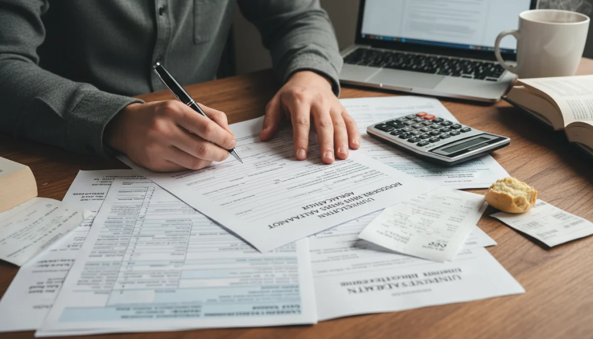 Hands completing scholarship application with financial documents
