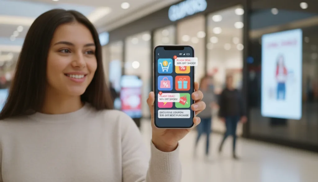 Smiling person using smartphone with shopping deal apps
