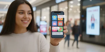 Smiling person using smartphone with shopping deal apps