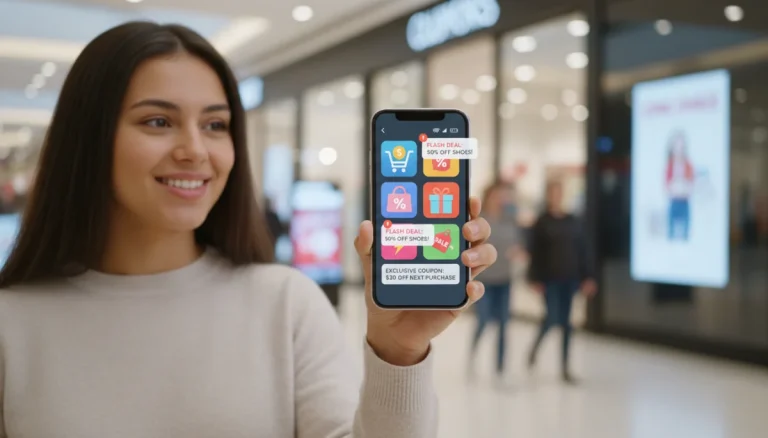 Smiling person using smartphone with shopping deal apps
