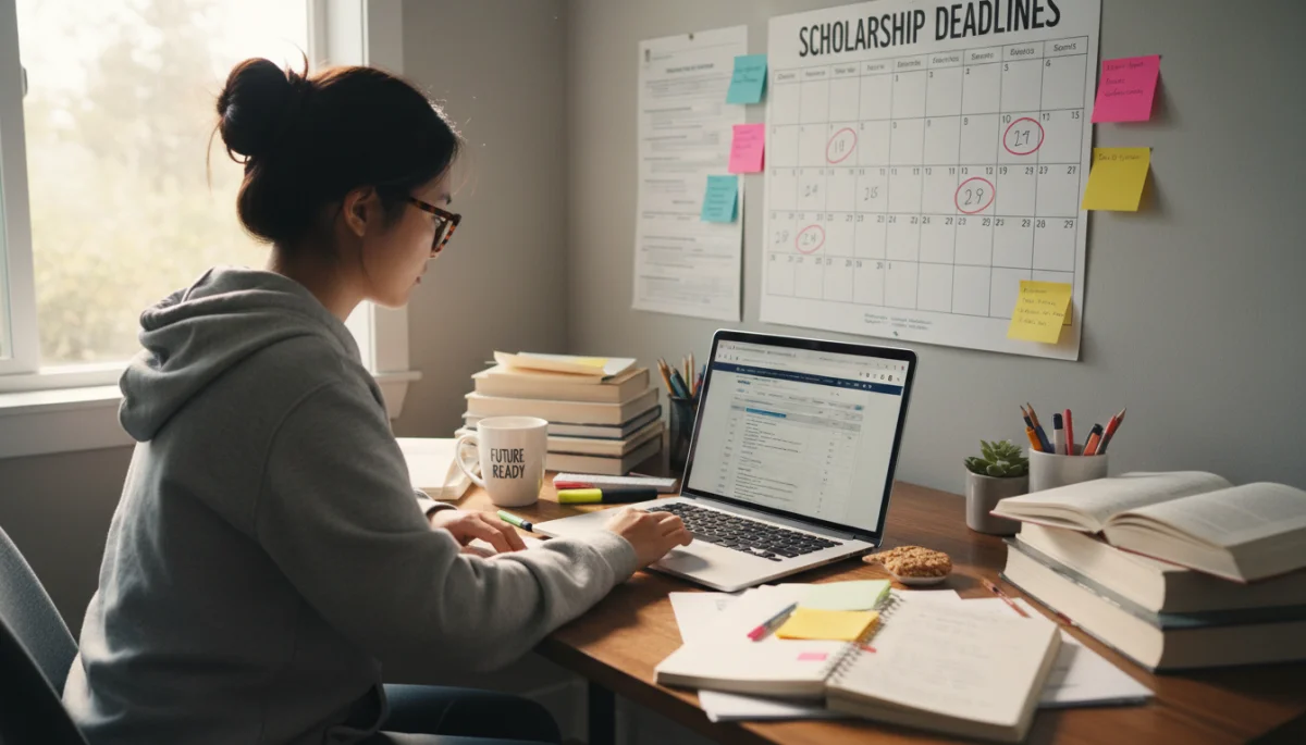 Student organizing scholarship applications on laptop