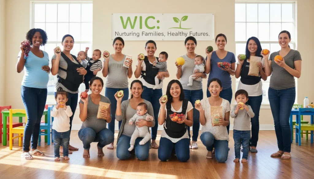 Diverse group of mothers and children benefiting from WIC program with healthy food.