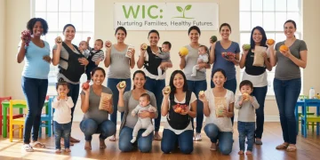 Diverse group of mothers and children benefiting from WIC program with healthy food.