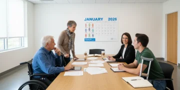 Individuals discussing 2026 disability benefit changes with a Social Security representative
