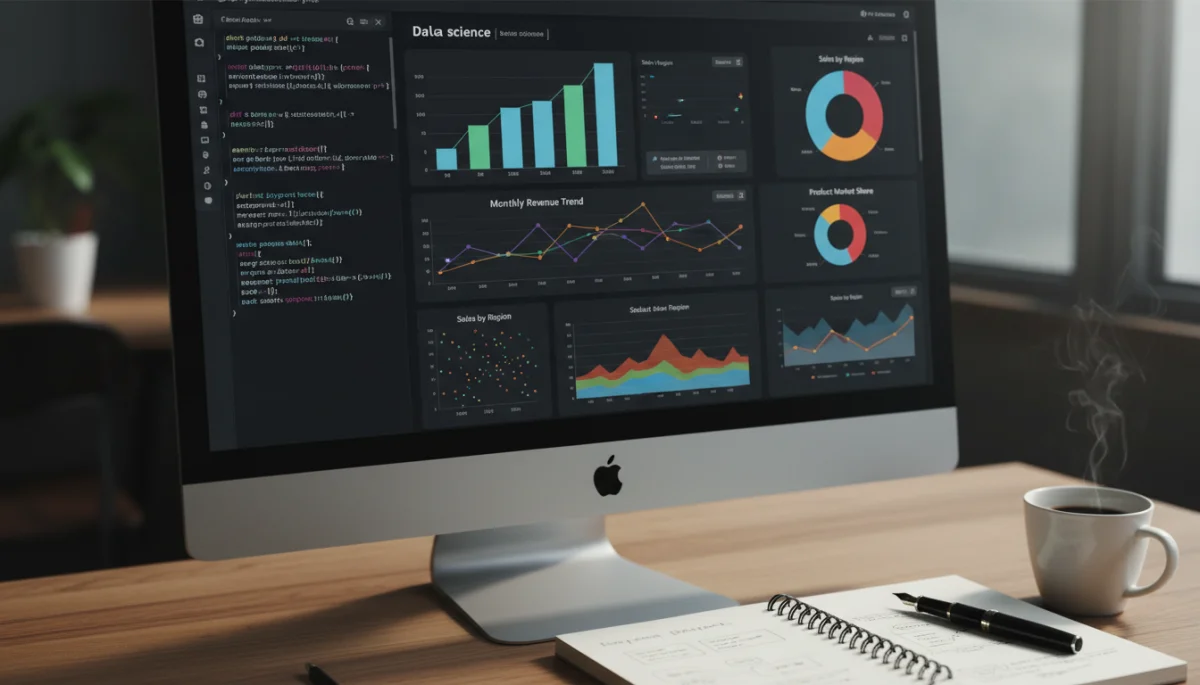 Data visualization tools and programming code on a computer screen for data science learning
