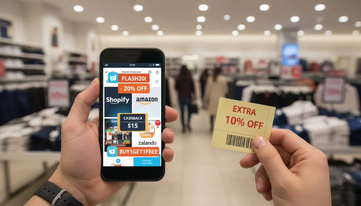 Hand holding a smartphone with multiple discount apps and a physical coupon, illustrating the practical application of stacking offers.