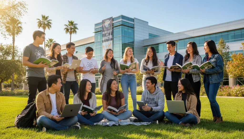 Diverse college students on a US campus, symbolizing scholarship opportunities