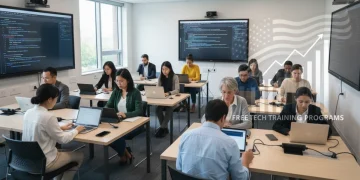 Diverse adults in a modern classroom using laptops, symbolizing free tech training programs with federal funding.