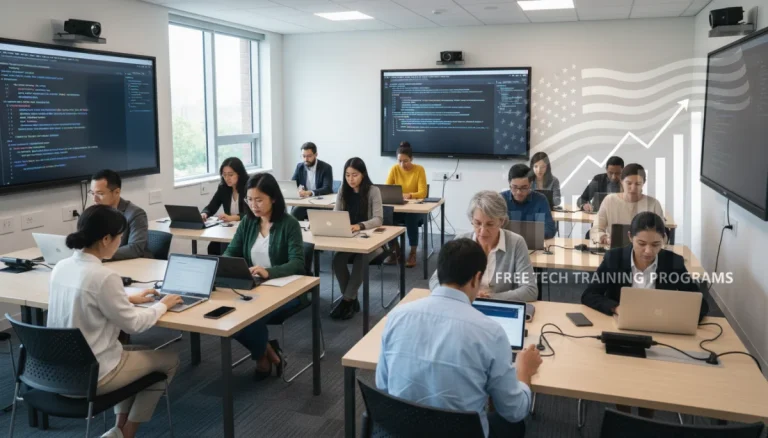 Diverse adults in a modern classroom using laptops, symbolizing free tech training programs with federal funding.