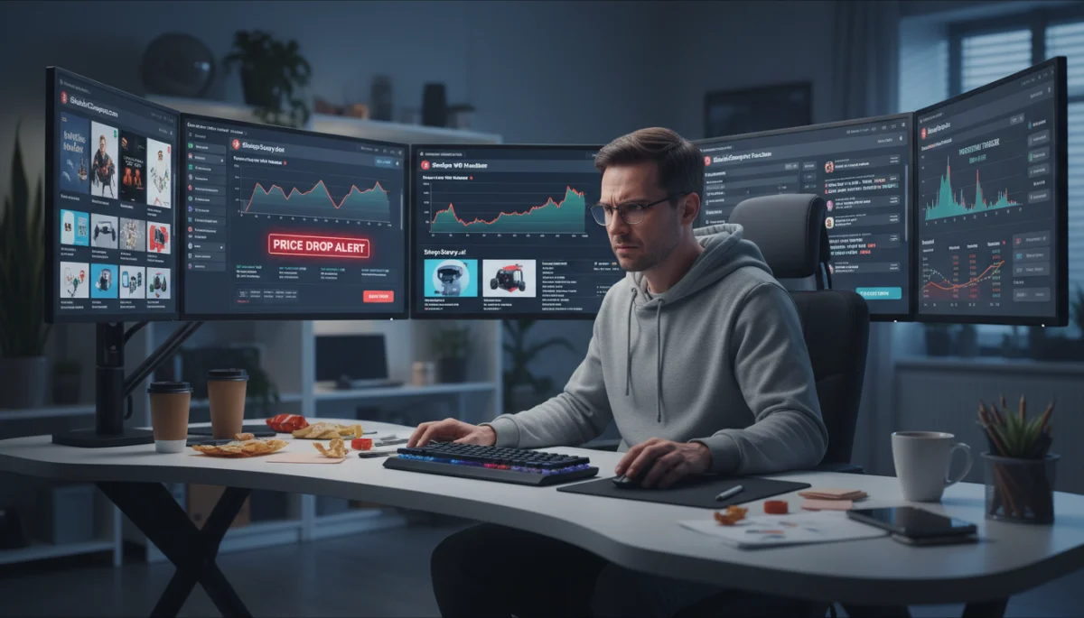 Person comparing prices on multiple screens for smart shopping