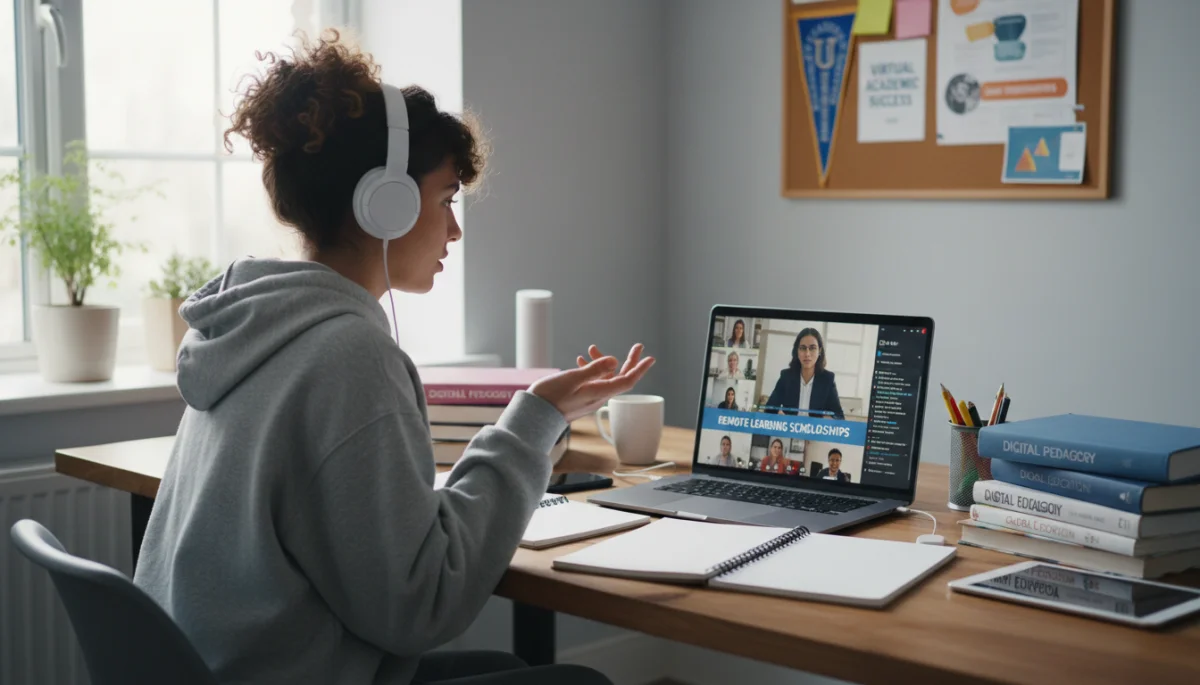 Student engaged in online learning, representing remote education scholarships