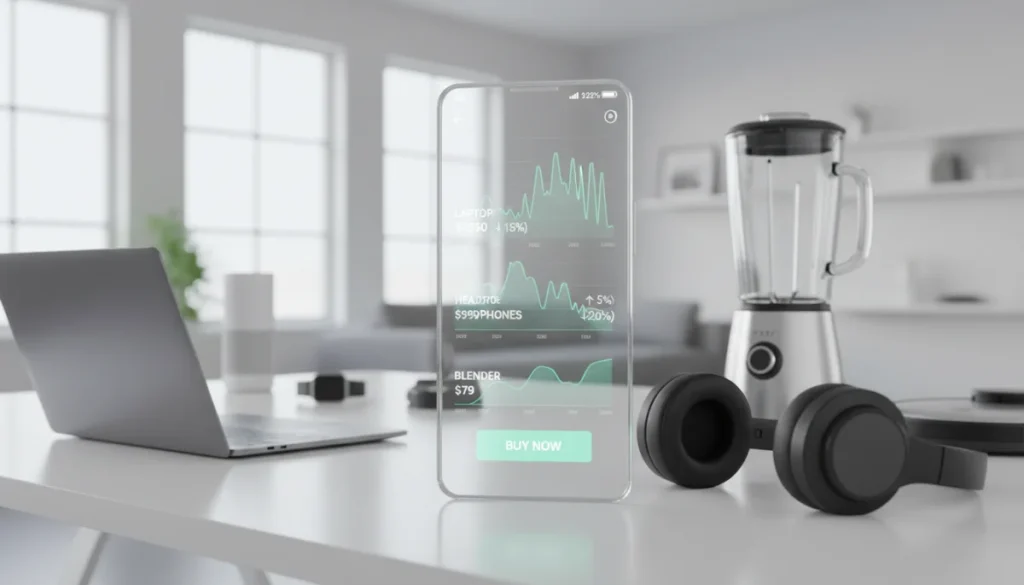 Smartphone displaying price tracking app with shopping items