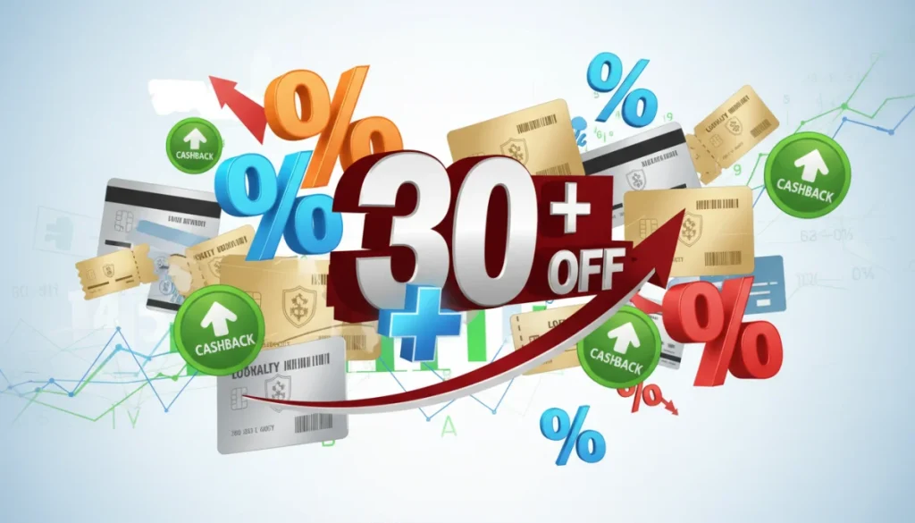 Illustration of stacked coupons, cashback icons, and loyalty cards converging to show over 30% savings, symbolizing effective offer stacking strategies in 2026.