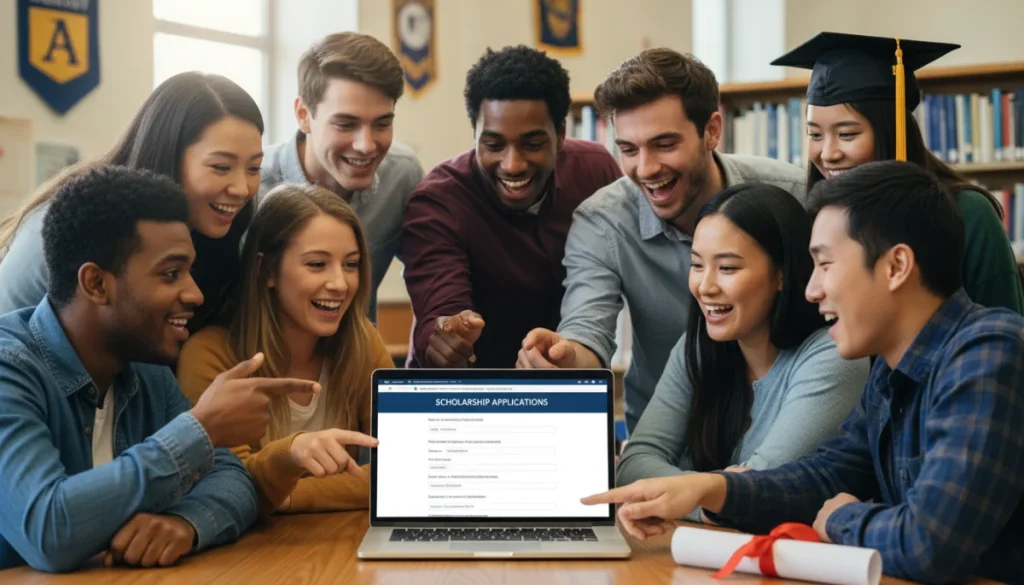 Diverse US students reviewing new scholarship applications on a laptop for 2026.