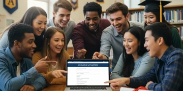 Diverse US students reviewing new scholarship applications on a laptop for 2026.