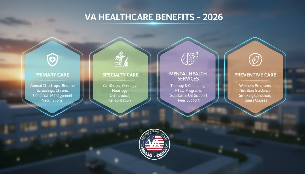 Infographic detailing enhanced VA healthcare benefits for veterans in 2026, including primary, specialty, and mental health services.