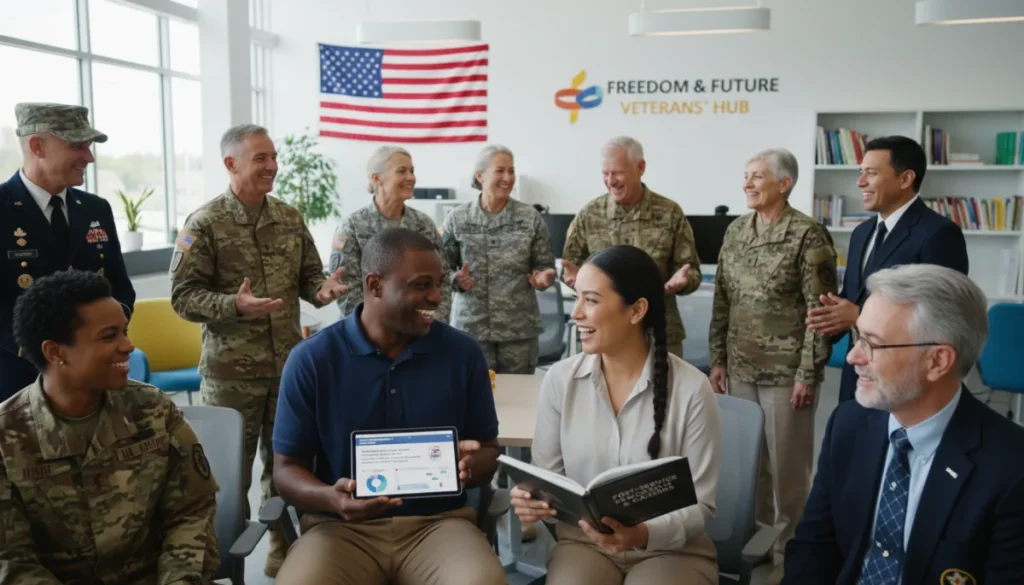 Veterans smiling, discussing healthcare and education opportunities in a bright community center, symbolizing new benefits in 2026.