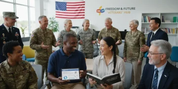 Veterans smiling, discussing healthcare and education opportunities in a bright community center, symbolizing new benefits in 2026.