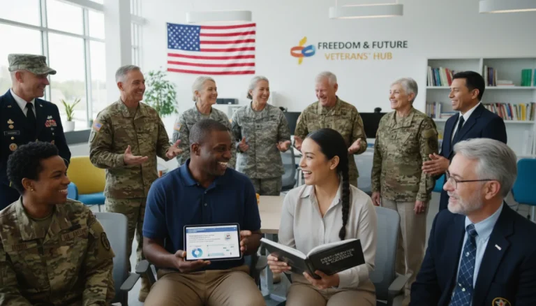 Veterans smiling, discussing healthcare and education opportunities in a bright community center, symbolizing new benefits in 2026.