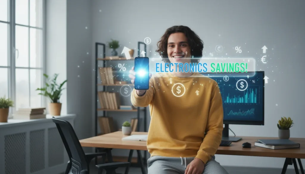 Person smiling, holding new smartphone with digital rebate icons, representing savings on electronics purchases in 2026.