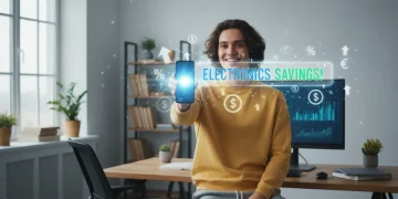 Person smiling, holding new smartphone with digital rebate icons, representing savings on electronics purchases in 2026.