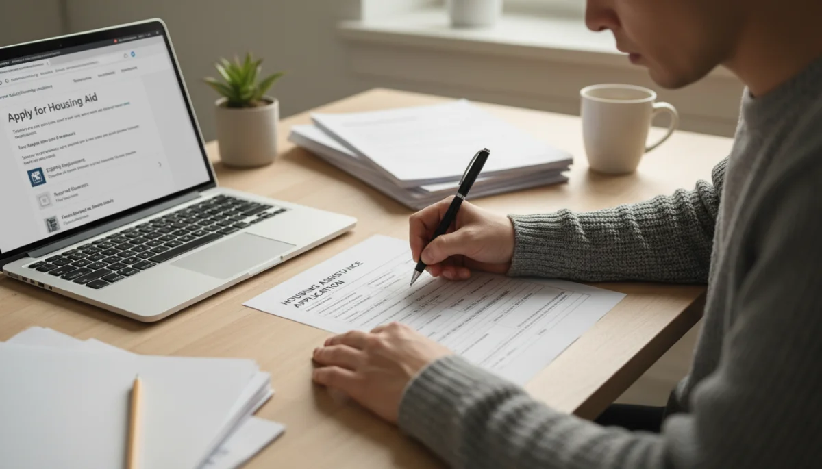 Person applying for housing assistance online with focused expression