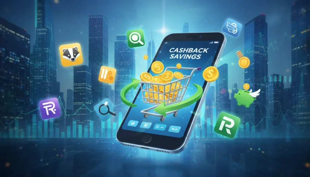 Digital illustration of cashback extension icons around a smartphone showing savings, representing new cashback extensions for 2026.