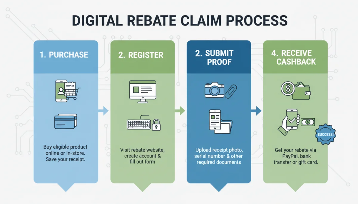 Infographic showing a step-by-step process to claim digital rebates for electronics, from purchase to receiving cashback.