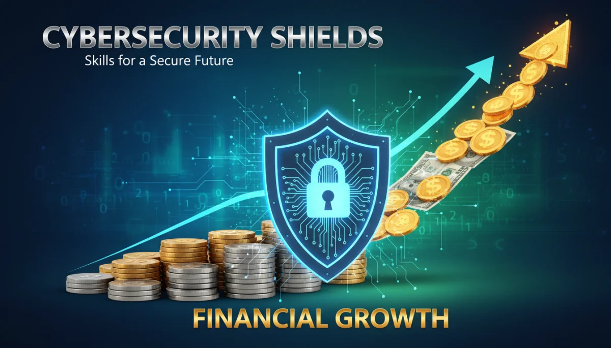 Financial growth and security shield, representing savings from cybersecurity skills