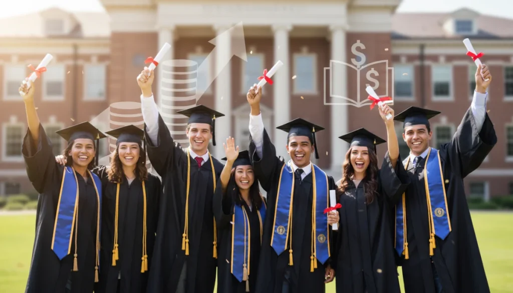 Graduating students celebrating with diplomas on a university campus