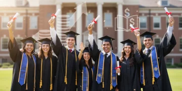Graduating students celebrating with diplomas on a university campus