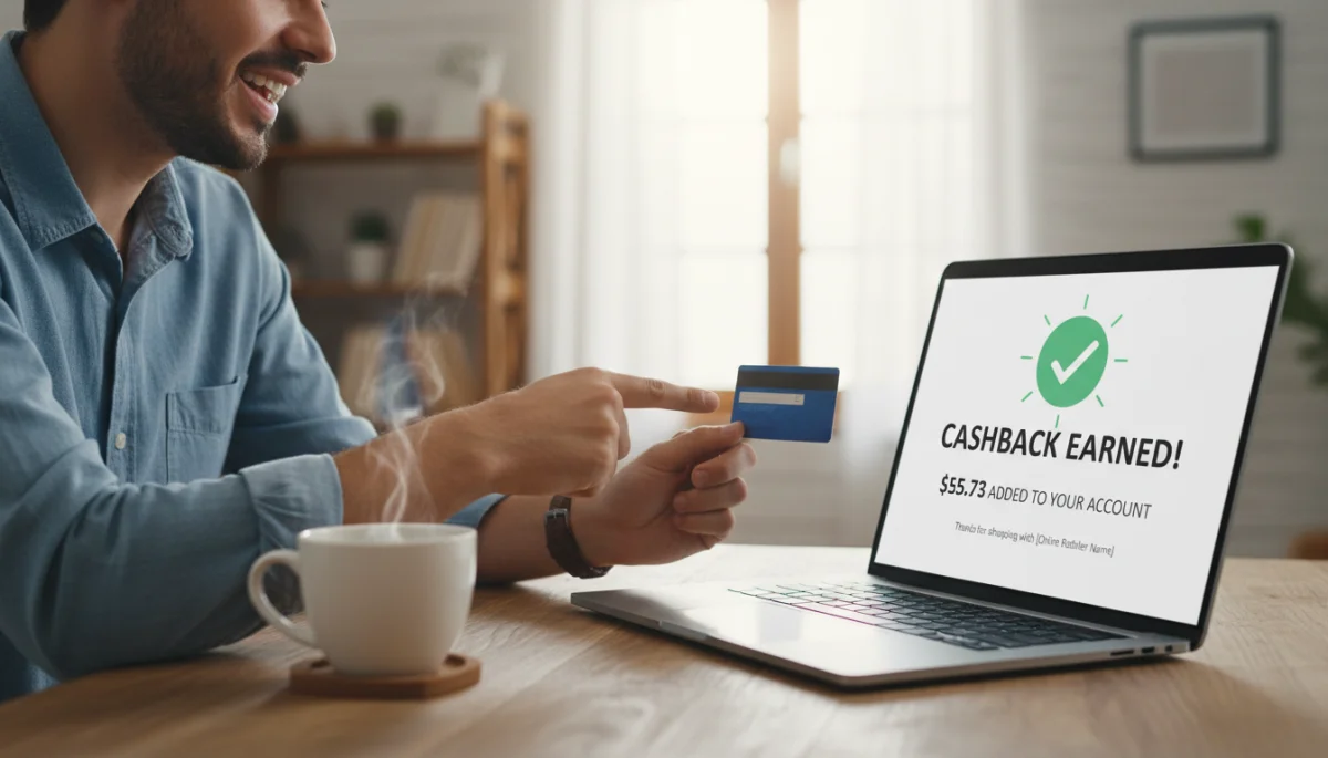 Person smiling at laptop screen with cashback notification, showing easy online savings.