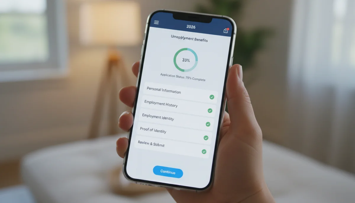 Person completing an online unemployment benefits application on a smartphone