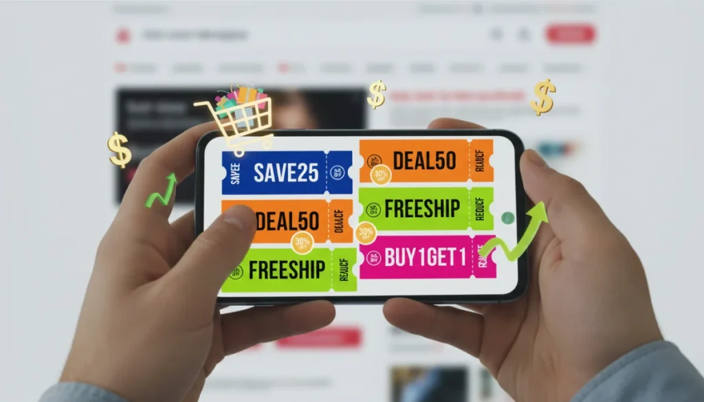 Hands holding smartphone with 2026 digital coupons and instant savings