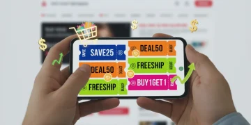 Hands holding smartphone with 2026 digital coupons and instant savings