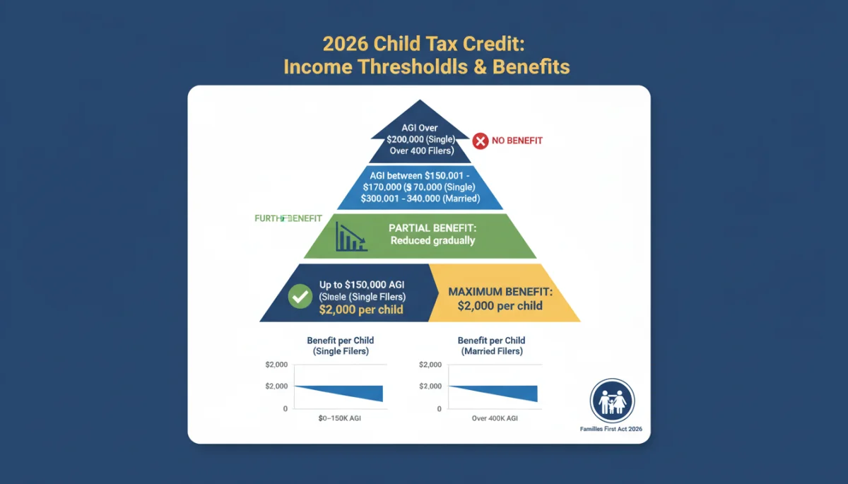 Infographic showing 2026 Child Tax Credit income thresholds and benefit amounts