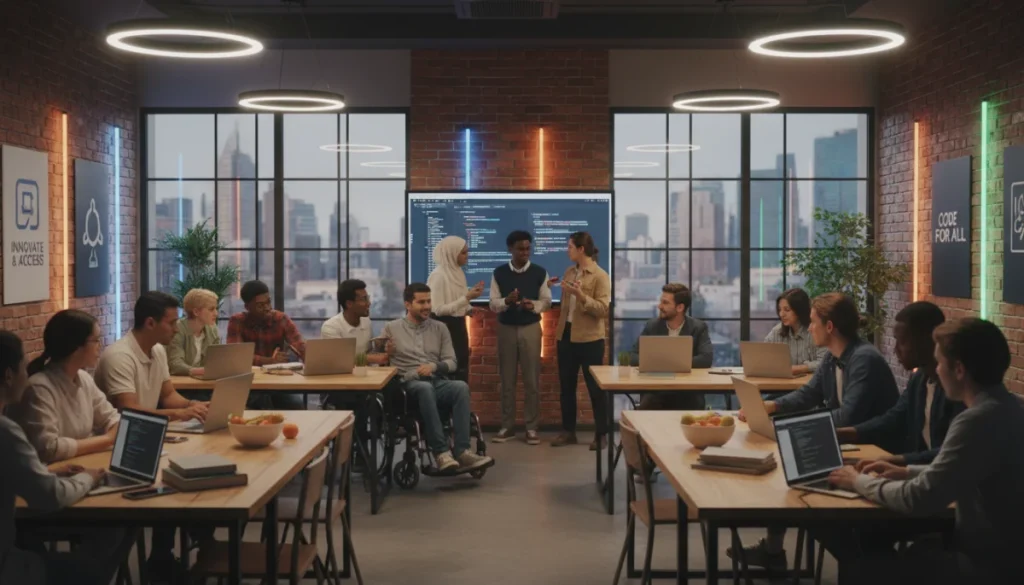 Students learning coding in a modern classroom setting, representing the choice between free and paid bootcamps.
