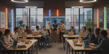 Students learning coding in a modern classroom setting, representing the choice between free and paid bootcamps.