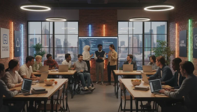 Students learning coding in a modern classroom setting, representing the choice between free and paid bootcamps.