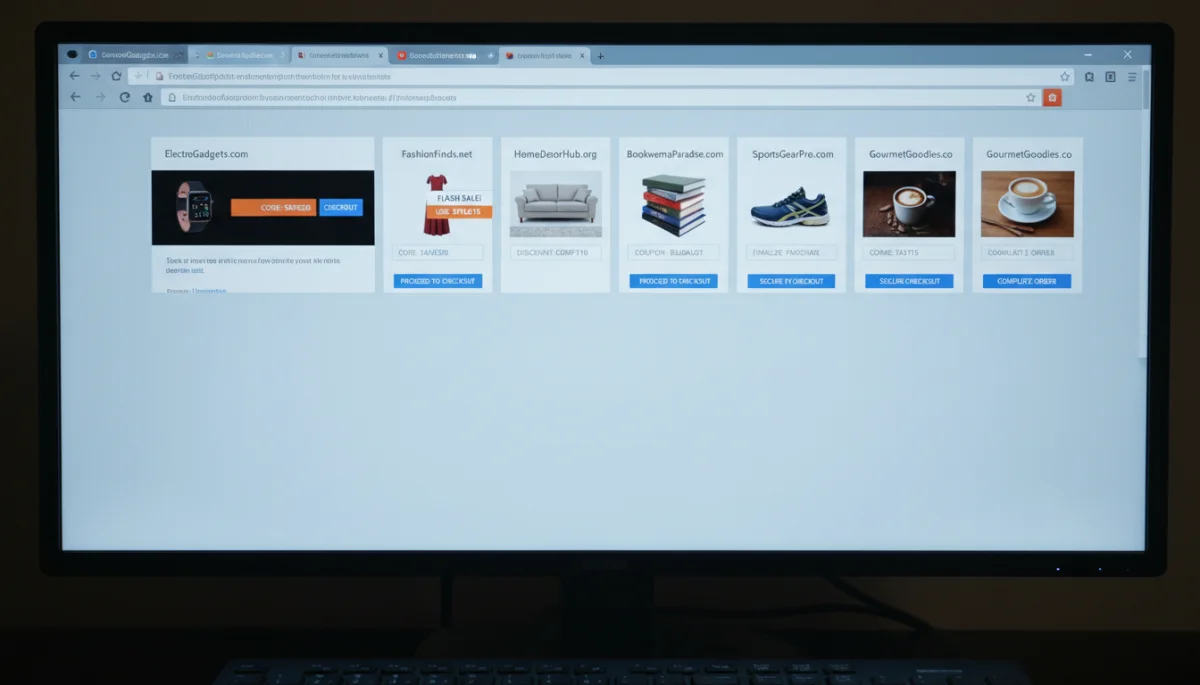 Computer screen showing various e-commerce sites with coupon codes