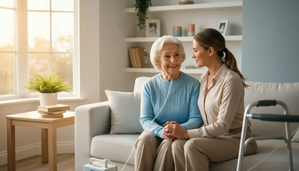 Elderly woman receiving gentle care from a smiling caregiver in a comfortable home setting