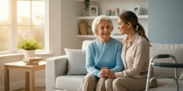Elderly woman receiving gentle care from a smiling caregiver in a comfortable home setting