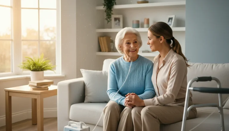 Elderly woman receiving gentle care from a smiling caregiver in a comfortable home setting