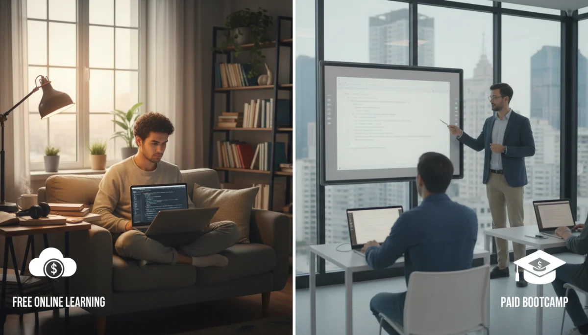 Visual comparison of a person learning coding at home for free versus a student in a structured paid bootcamp.