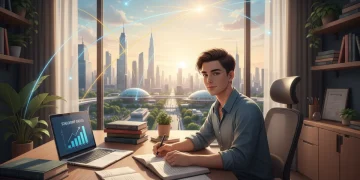 Student writing a scholarship essay at a desk, focused and determined