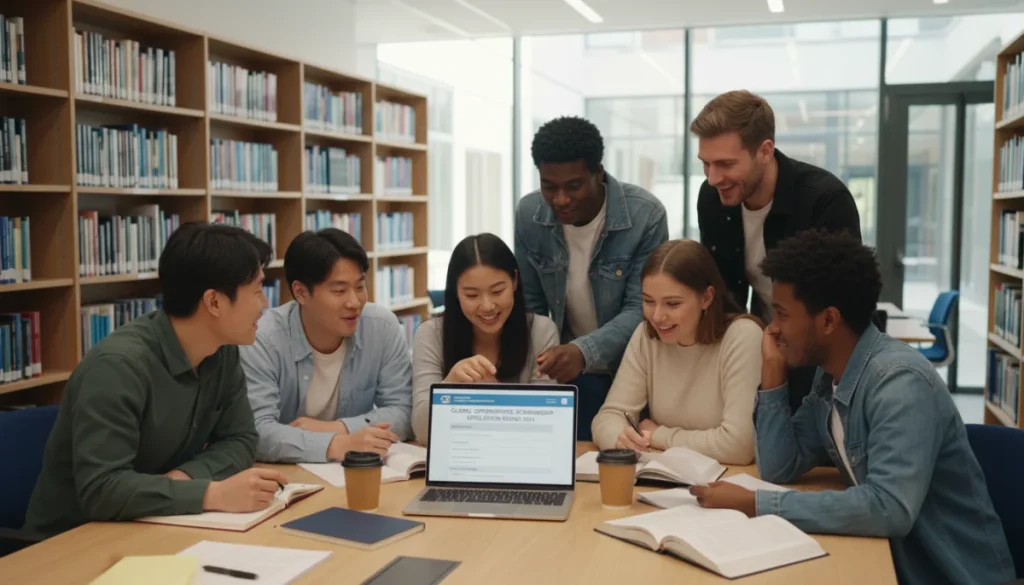 Diverse students reviewing 2026 scholarship application forms on a laptop