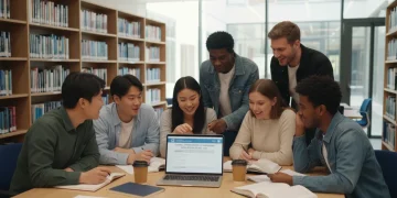 Diverse students reviewing 2026 scholarship application forms on a laptop