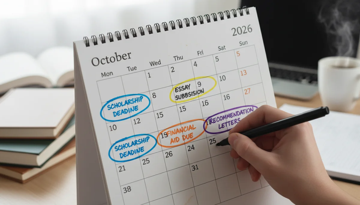 2026 calendar with highlighted scholarship deadlines and a pen for planning.