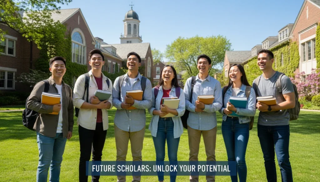 Diverse college students on campus, symbolizing academic success and scholarship opportunities.